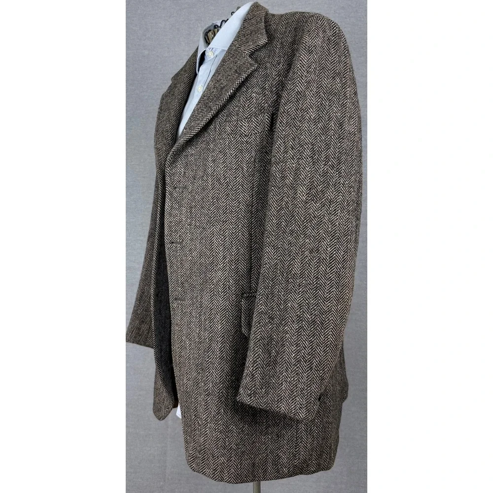 Vintage Bespoke Harris Tweed Herringbone Wool Blazer Sport Coat Brown 42R